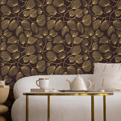 Yellow and Brown Floral Wallpaper / Peel and Stick Wallpaper Removable Wallpaper Home Decor Wall Art Wall Decor Room Decor - C639