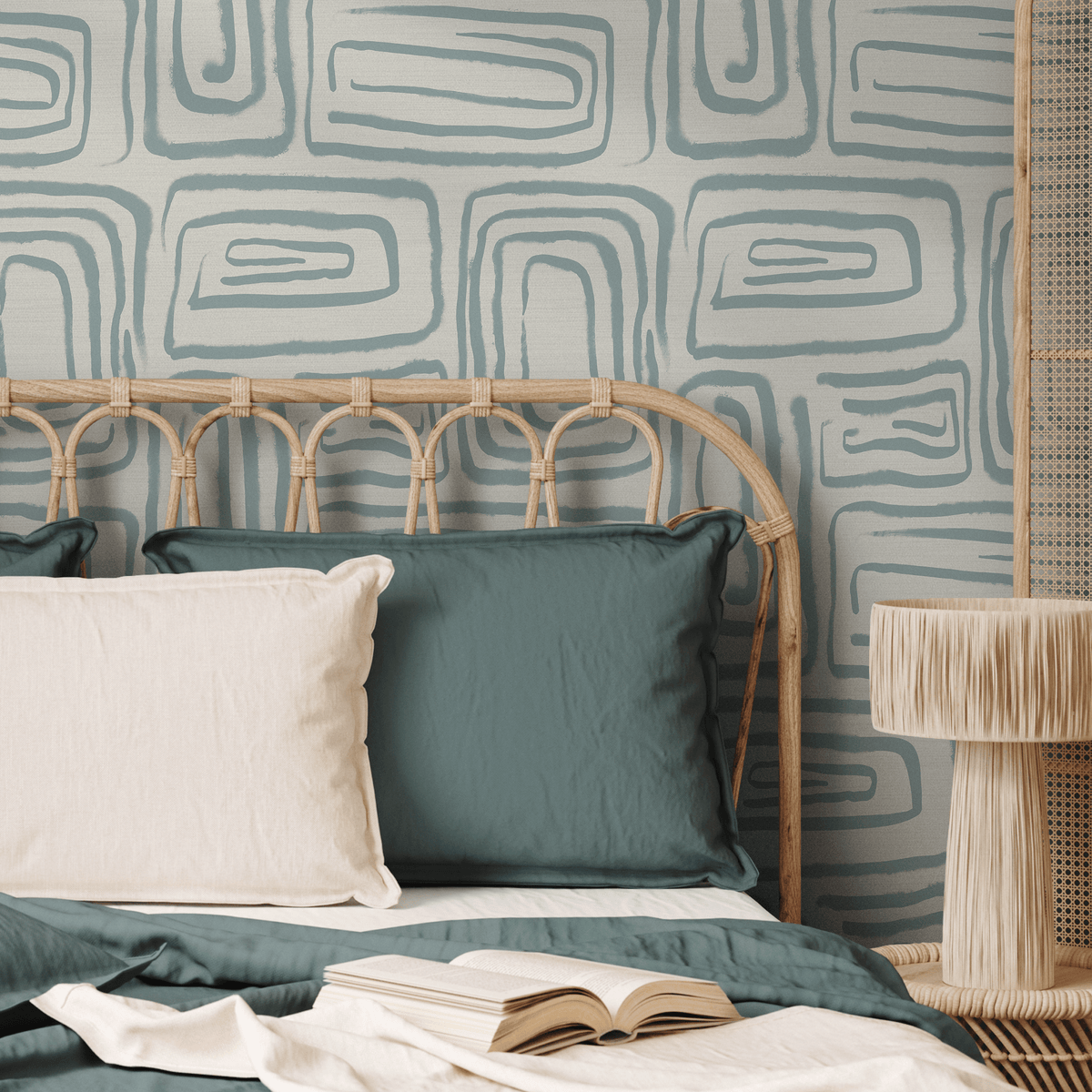 Abstract Wallpaper with a Brushstroke Motif in Light Teal and Grey - detail view