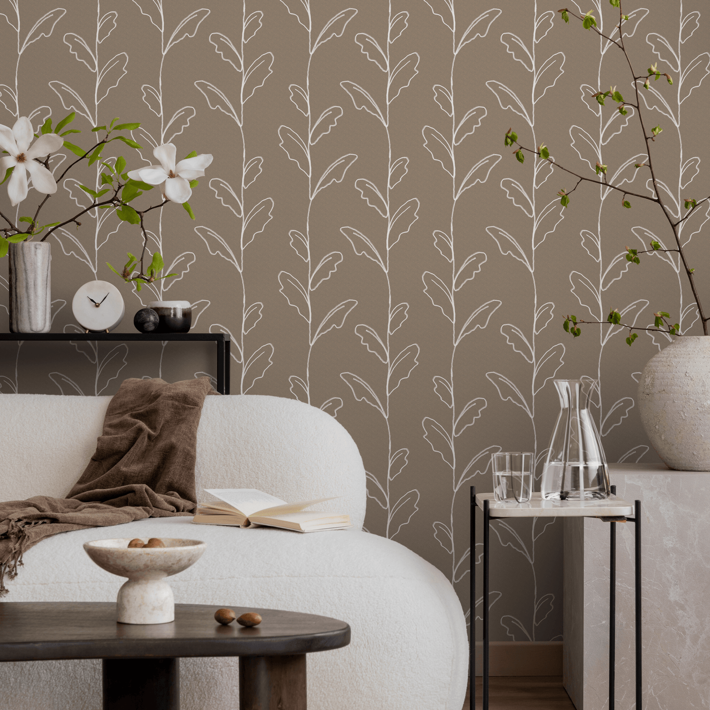 Beige Boho Leaves Wallpaper / Peel and Stick Wallpaper Removable Wallpaper Home Decor Wall Art Wall Decor Room Decor - C643