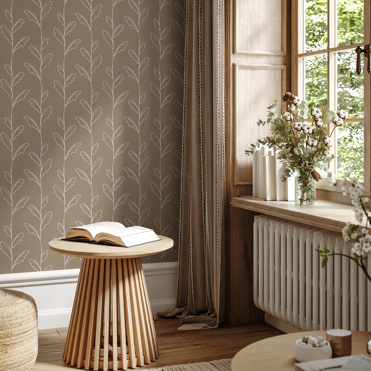 Botanical Wallpaper with Sketched Leaf Vines in Beige and White - detail view