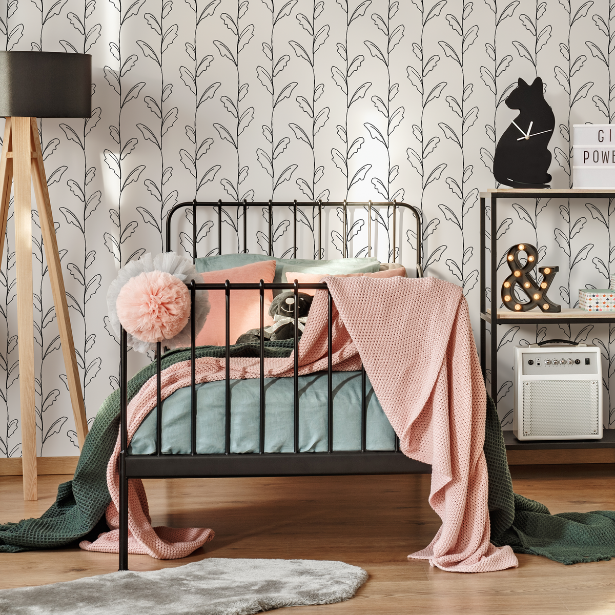 Botanical Wallpaper with a Minimalist Vine Motif in Black and Off-White - detail view