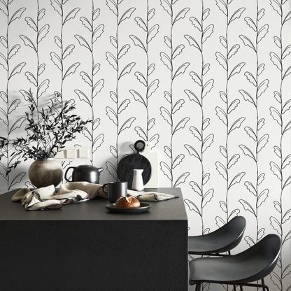 White and Black Boho Leaves Wallpaper / Peel and Stick Wallpaper Removable Wallpaper Home Decor Wall Art Wall Decor Room Decor - C644