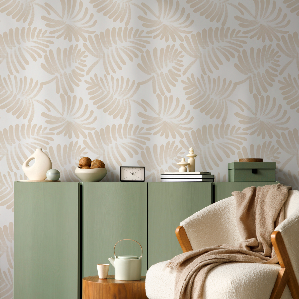 Botanical Wallpaper with a Stylized Leaf Motif in Beige - detail view