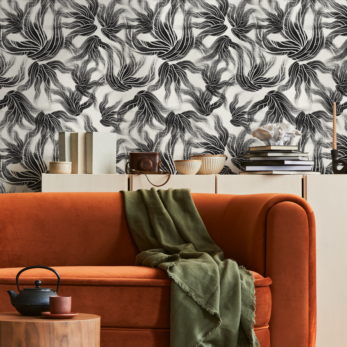 Abstract Wallpaper with Flowing Organic Lines in Black and White - detail view