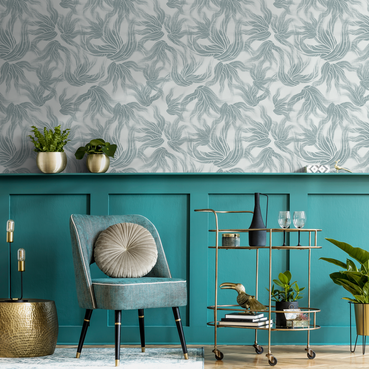 Abstract Wallpaper with Flowing Organic Shapes in Light Teal - detail view