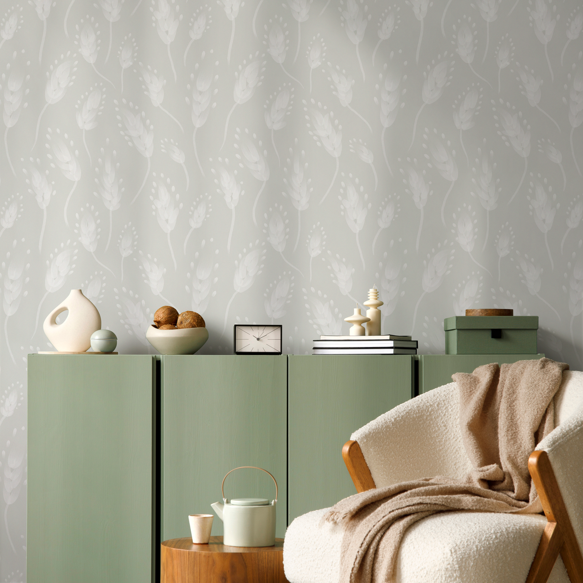 Botanical Minimalist Wallpaper with a Soft Wheat Motif in Mint Green and White - detail view