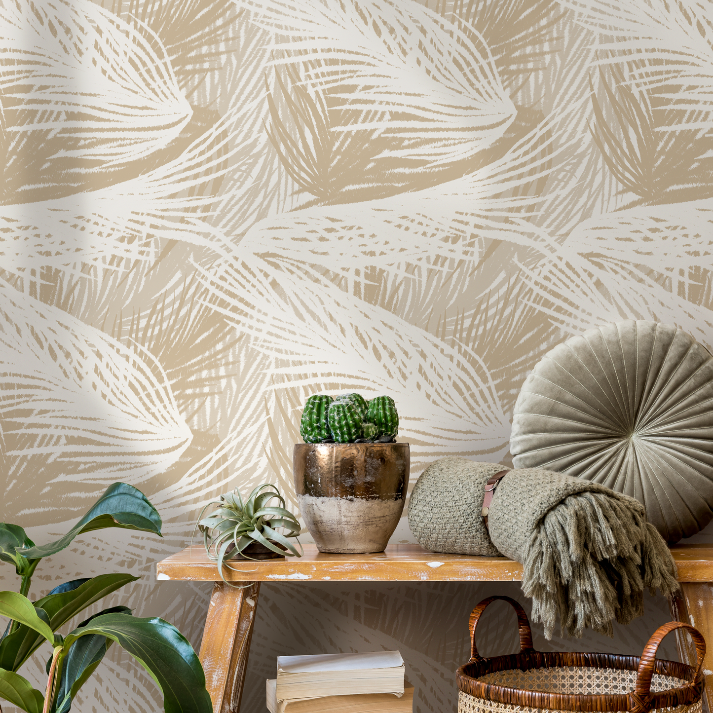 Beige Boho Tropical Wallpaper / Peel and Stick Wallpaper Removable Wallpaper Home Decor Wall Art Wall Decor Room Decor - C653