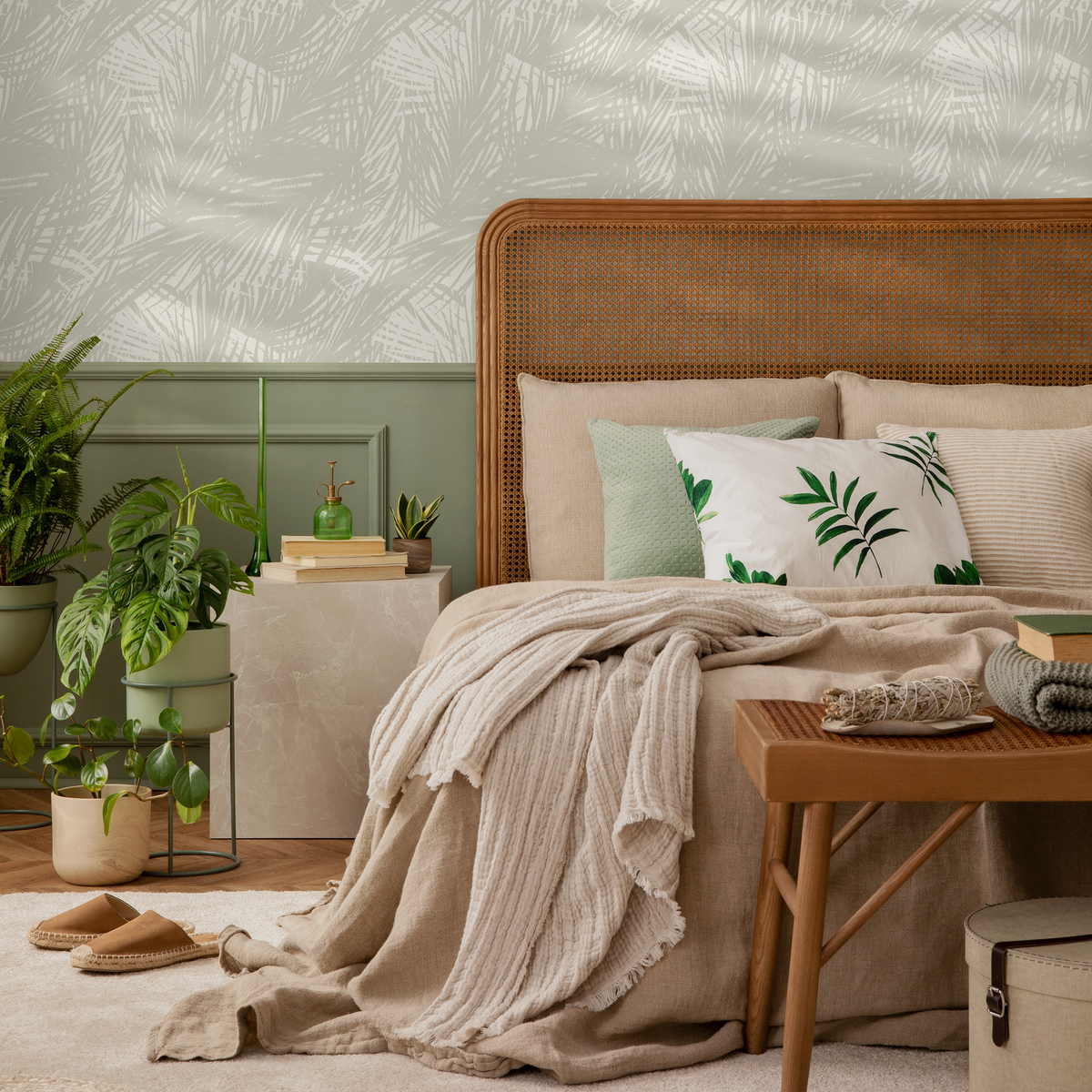 Tropical Wallpaper with Sketched Palm Fronds in Light Greige and Cream - detail view