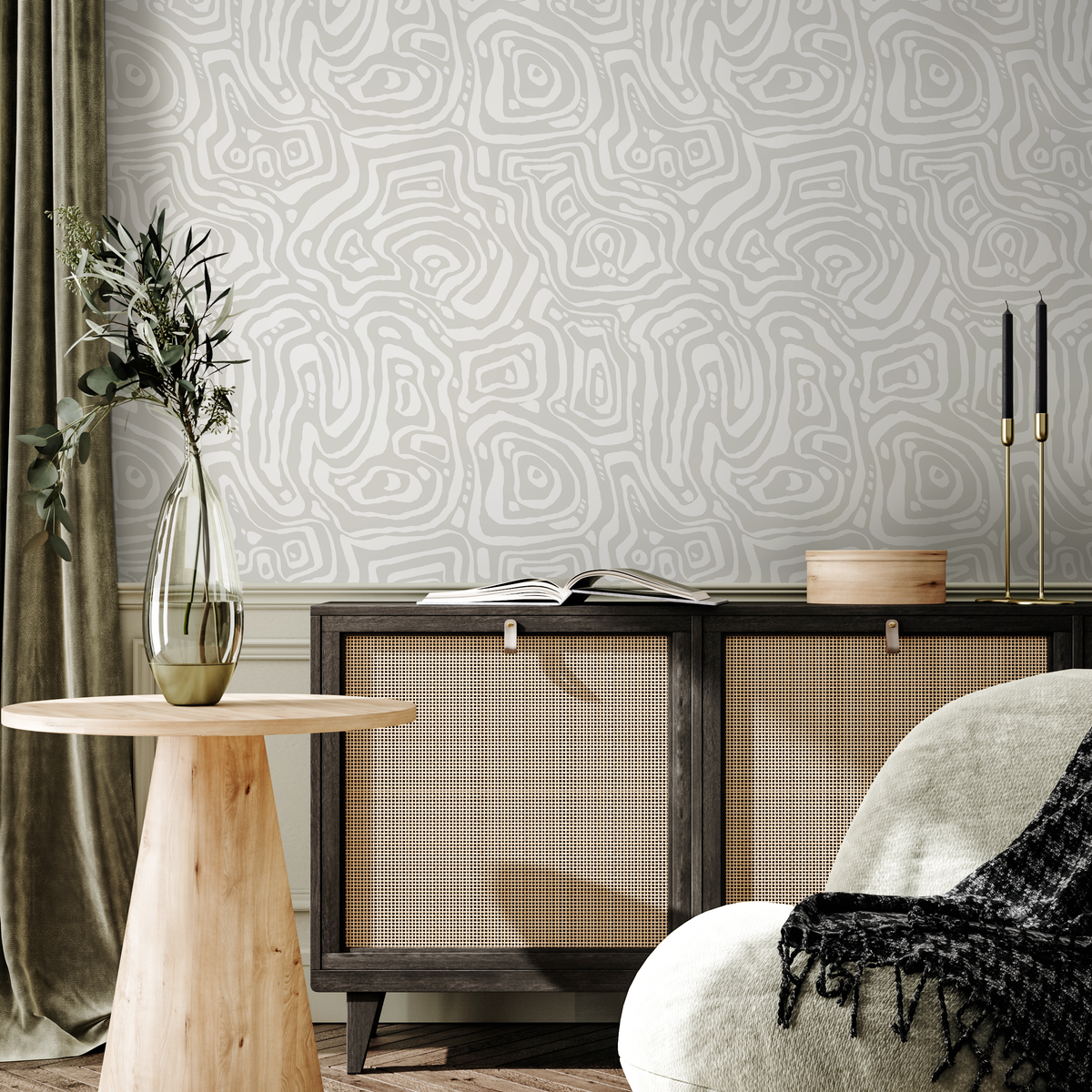 Abstract Wallpaper with Organic Contour Lines in Gray and White - detail view