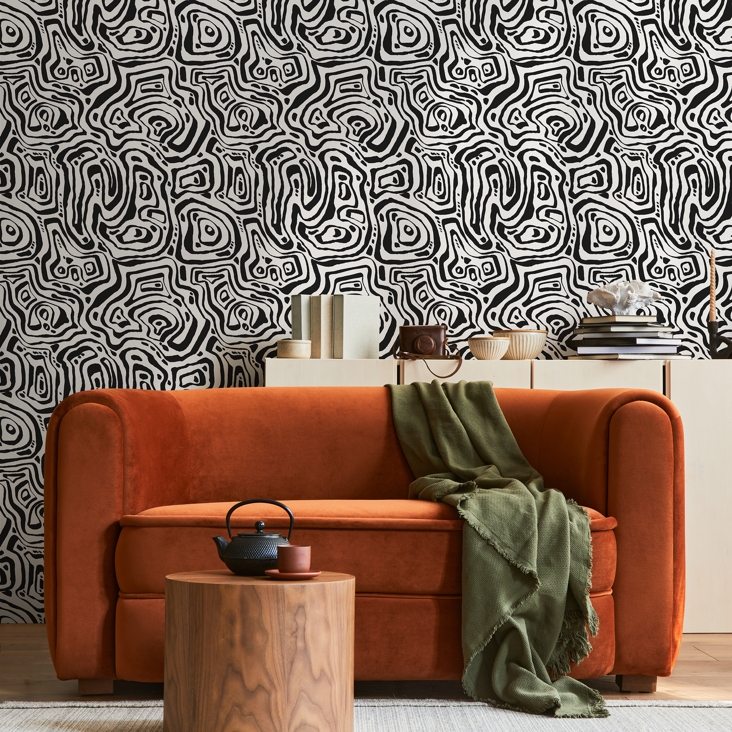 Papier peint à lignes abstraites noir et blanc / Papier peint autocollant, papier peint amovible, décoration d'intérieur, art mural, décoration de chambre - C656