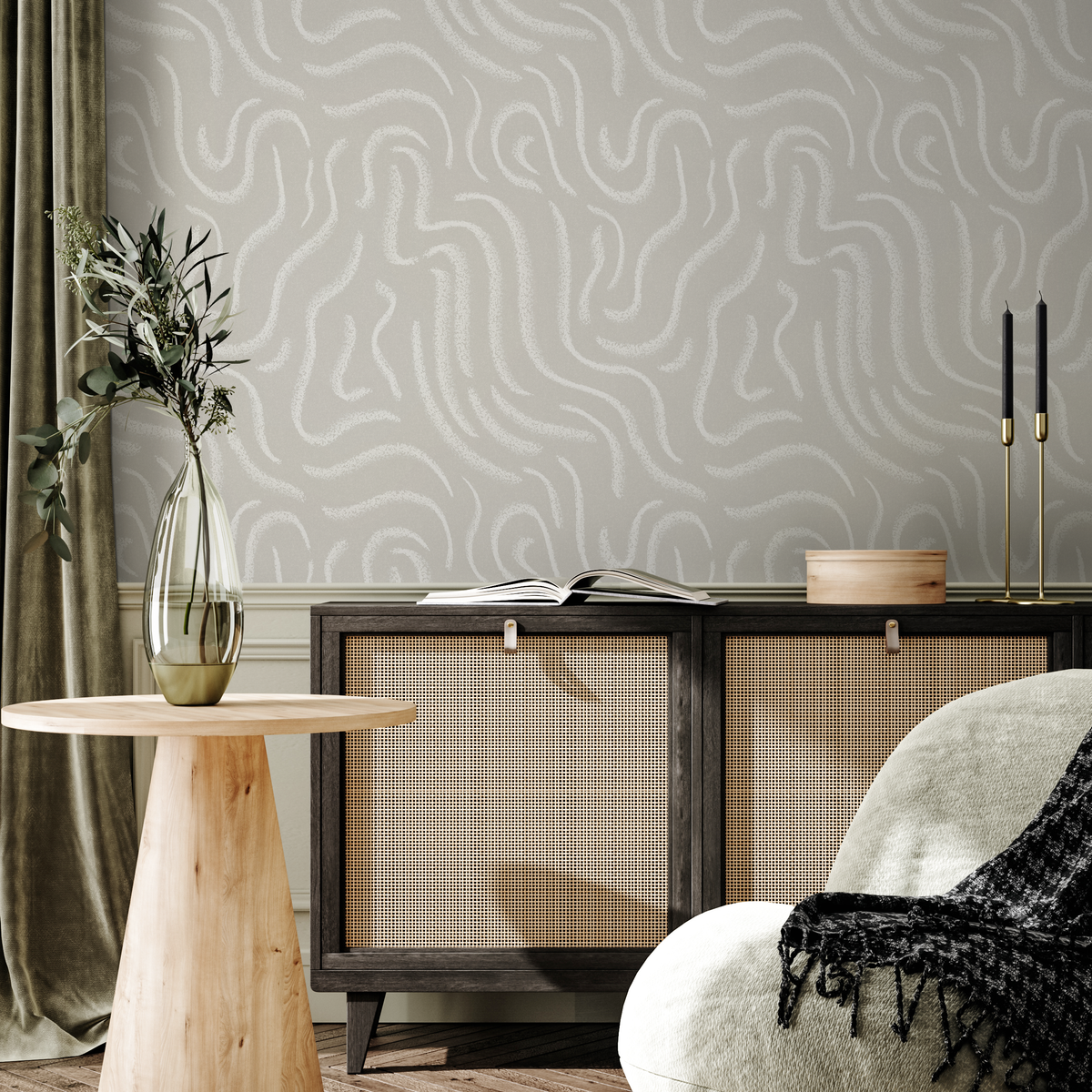 Abstract Wallpaper with Wavy Textured Lines in Soft Grey and White - detail view