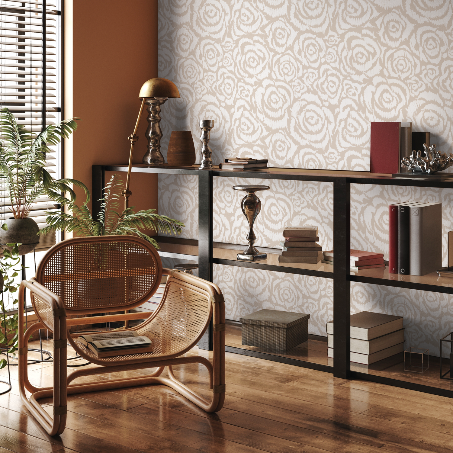 Papel pintado con rosas y flores beige/papel pintado autoadhesivo/papel pintado extraíble/decoración del hogar/arte de pared/decoración de habitación - C659