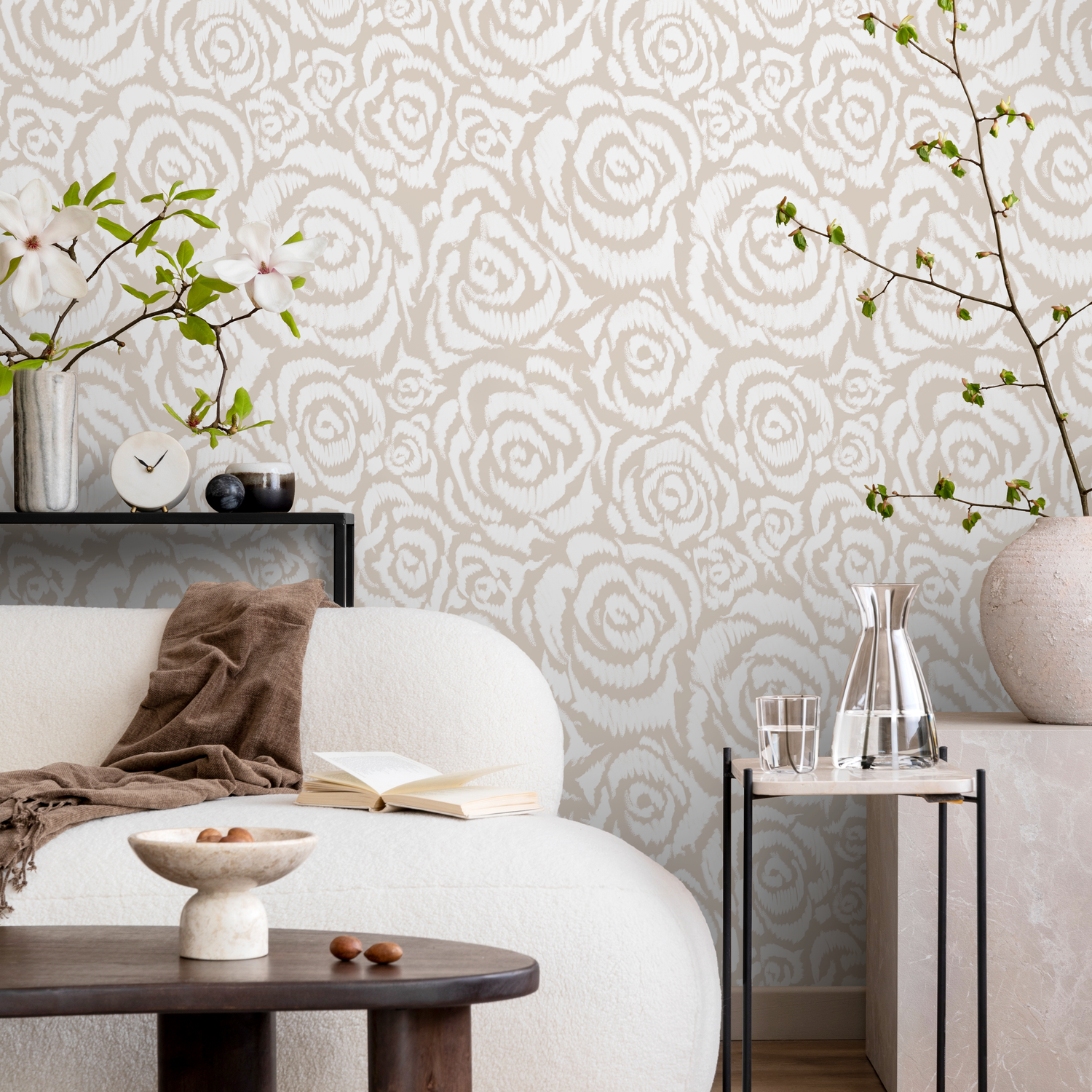 Papel pintado con rosas y flores beige/papel pintado autoadhesivo/papel pintado extraíble/decoración del hogar/arte de pared/decoración de habitación - C659