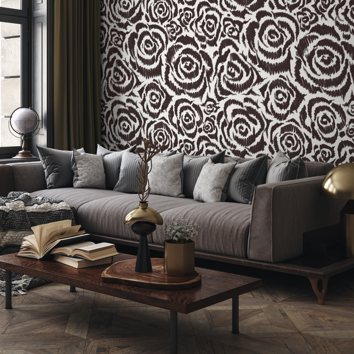 Floral Wallpaper with an Abstract Rose Motif in Brown and White - detail view