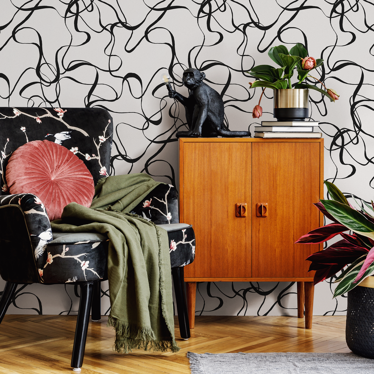 Abstract Wallpaper with Flowing Lines in Black and White - detail view