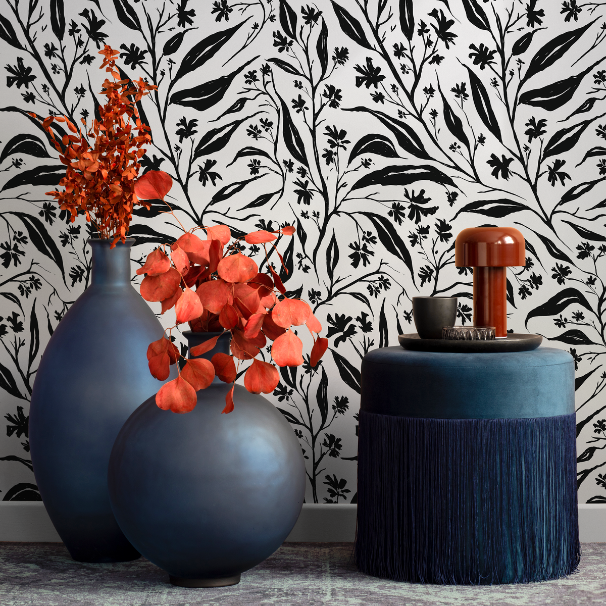 Botanical Wallpaper With Wildflower Vines in Black and Off-White - detail view