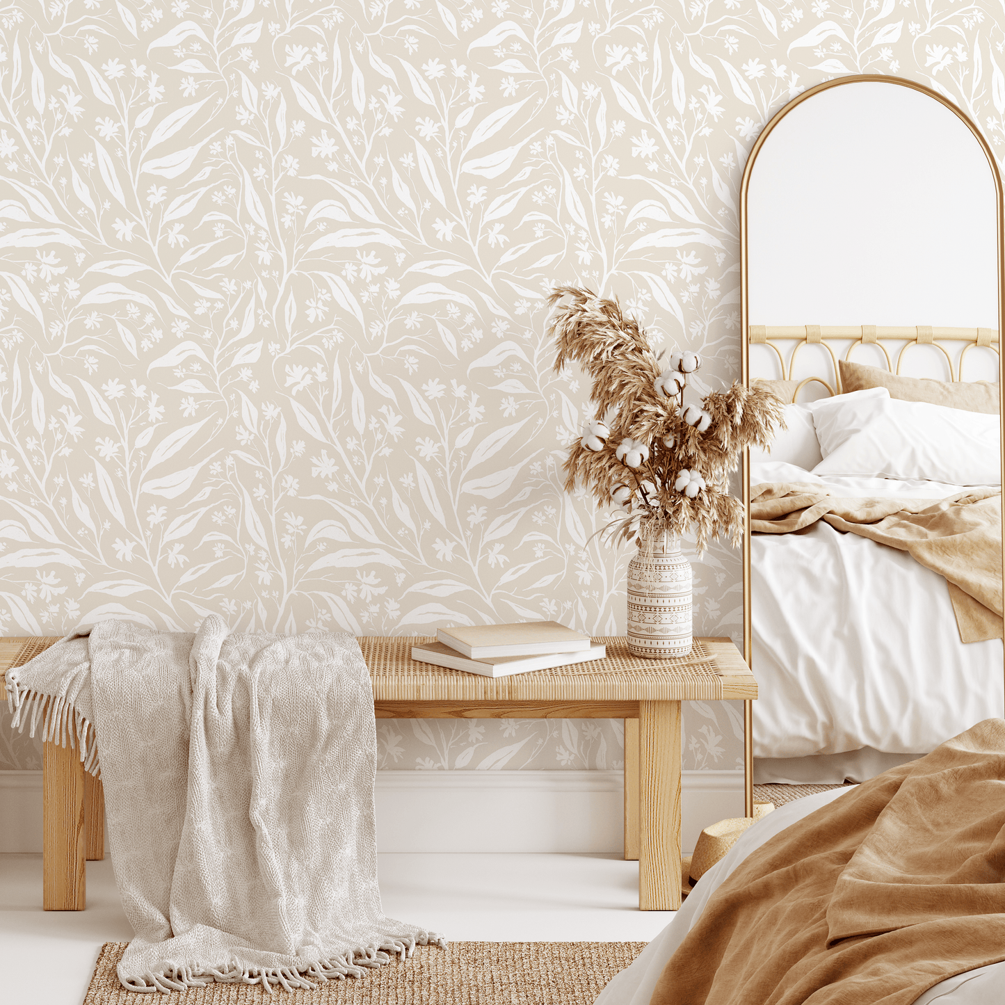 White and Beige Tropical Leaves Wallpaper /  Peel and Stick Wallpaper Removable Wallpaper Home Decor Wall Art Wall Decor Room Decor - C664