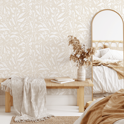 White and Beige Tropical Leaves Wallpaper /  Peel and Stick Wallpaper Removable Wallpaper Home Decor Wall Art Wall Decor Room Decor - C664