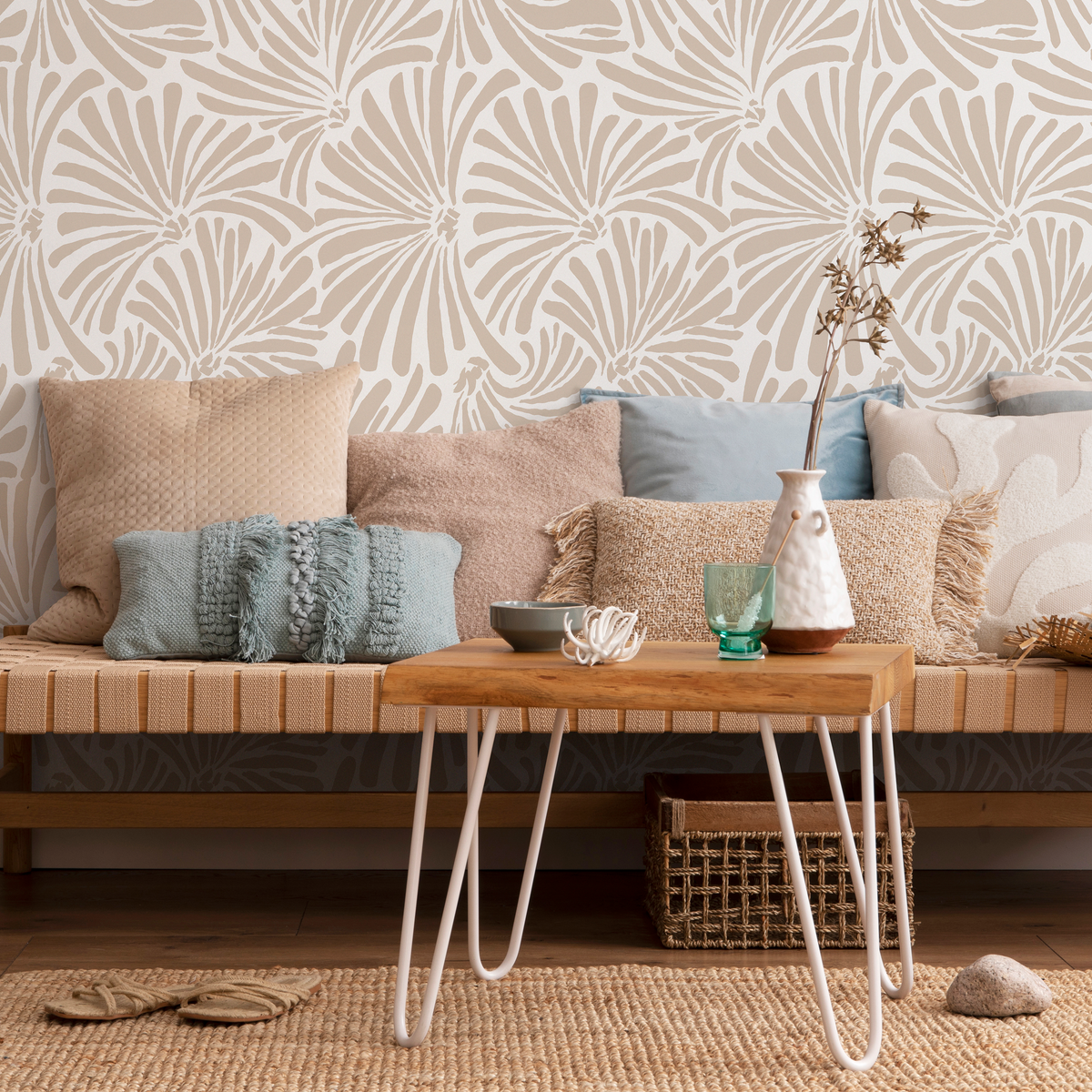 Botanical Wallpaper with Abstract Fan Leaves in Beige - detail view