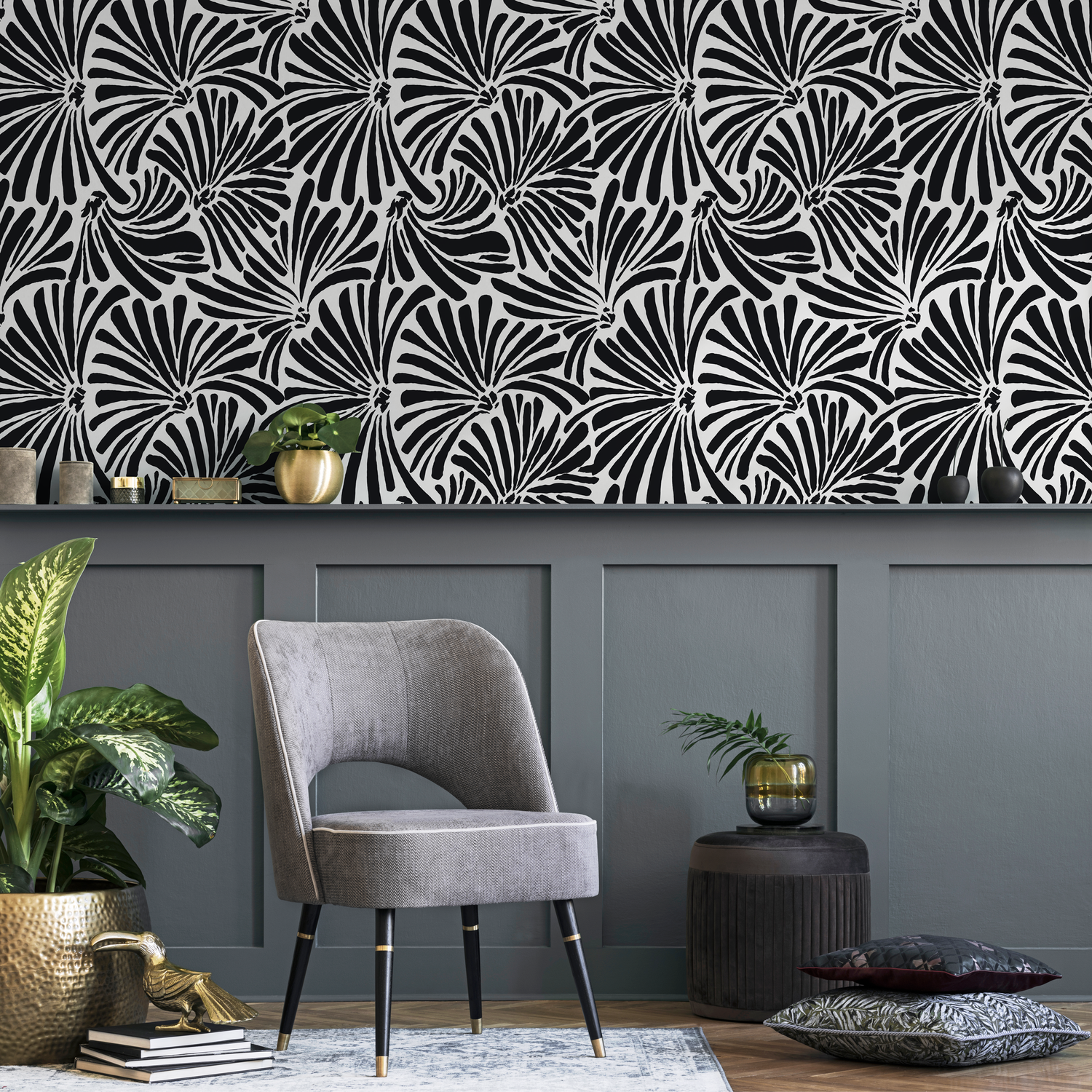 Papel pintado de hojas negras y beige / Papel pintado autoadhesivo, papel pintado removible, decoración del hogar, arte de pared, decoración de habitaciones - C667