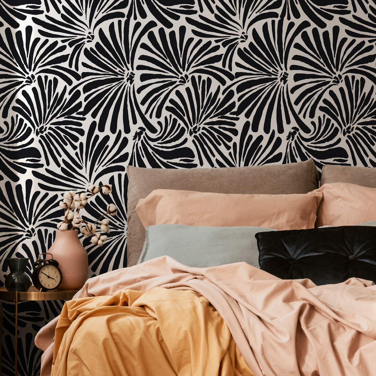 Botanical Wallpaper with a Bold Fan Palm Motif in Black and Off-White - detail view