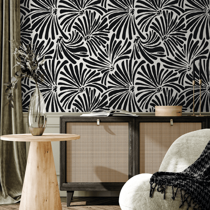 Black and Beige Leaves Wallpaper /  Peel and Stick Wallpaper Removable Wallpaper Home Decor Wall Art Wall Decor Room Decor - C667