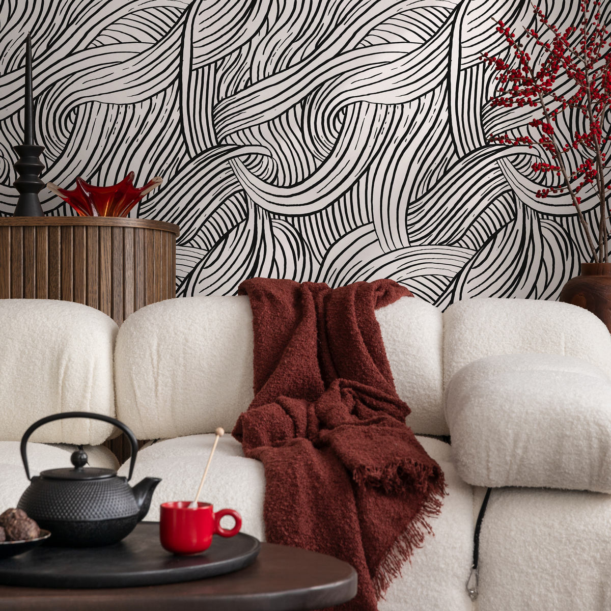 Abstract Wallpaper with an Organic Wave Motif in Black and White - detail view