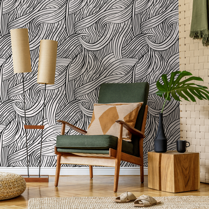 Black and White Waves Wallpaper / Peel and Stick Wallpaper Removable Wallpaper Home Decor Wall Art Wall Decor Room Decor - C668