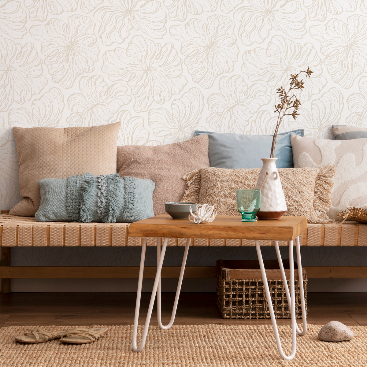 Floral Wallpaper with Delicate Stylized Minimalist Blooms in Cream and White - detail view