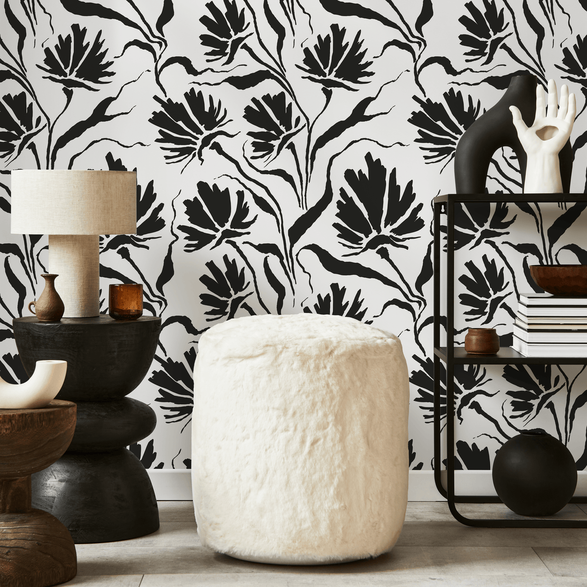 Floral Wallpaper with a Bold Ink-Drawn Motif in Black and White - detail view