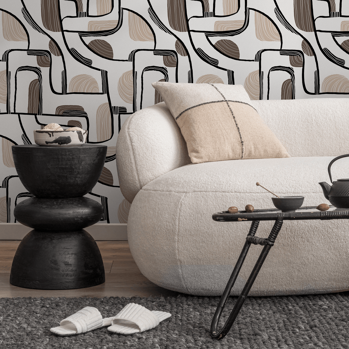 Abstract Wallpaper with Mid-Century Lines and Shapes in Black, Brown, and Beige - detail view