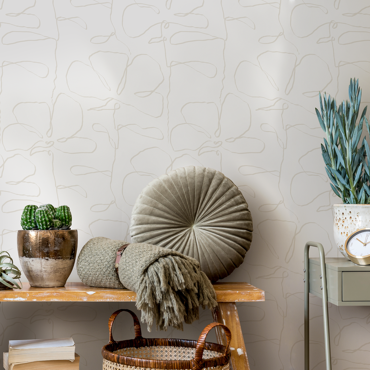 Floral Minimalist Wallpaper Featuring Abstract Floral Outlines in Beige - detail view