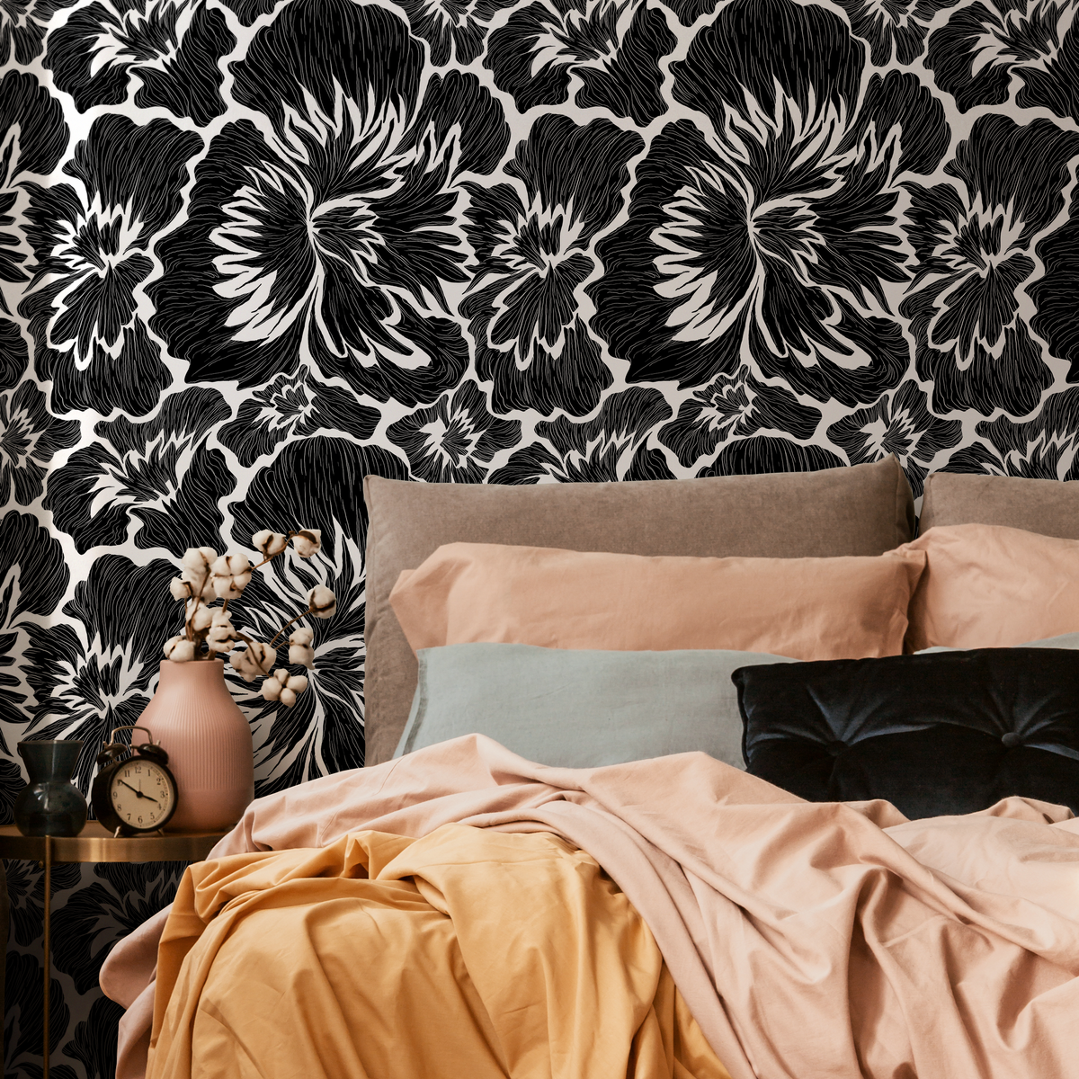 Floral Wallpaper with Bold Abstract Blooms in Black and White - detail view