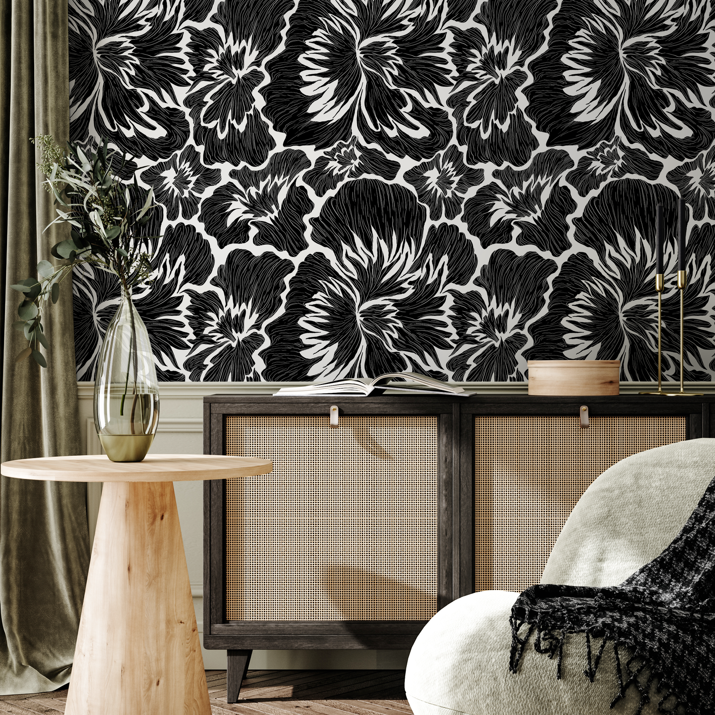 Black and White Bold Floral Wallpaper / Peel and Stick Wallpaper Removable Wallpaper Home Decor Wall Art Wall Decor Room Decor - C677