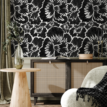 Black and White Bold Floral Wallpaper / Peel and Stick Wallpaper Removable Wallpaper Home Decor Wall Art Wall Decor Room Decor - C677