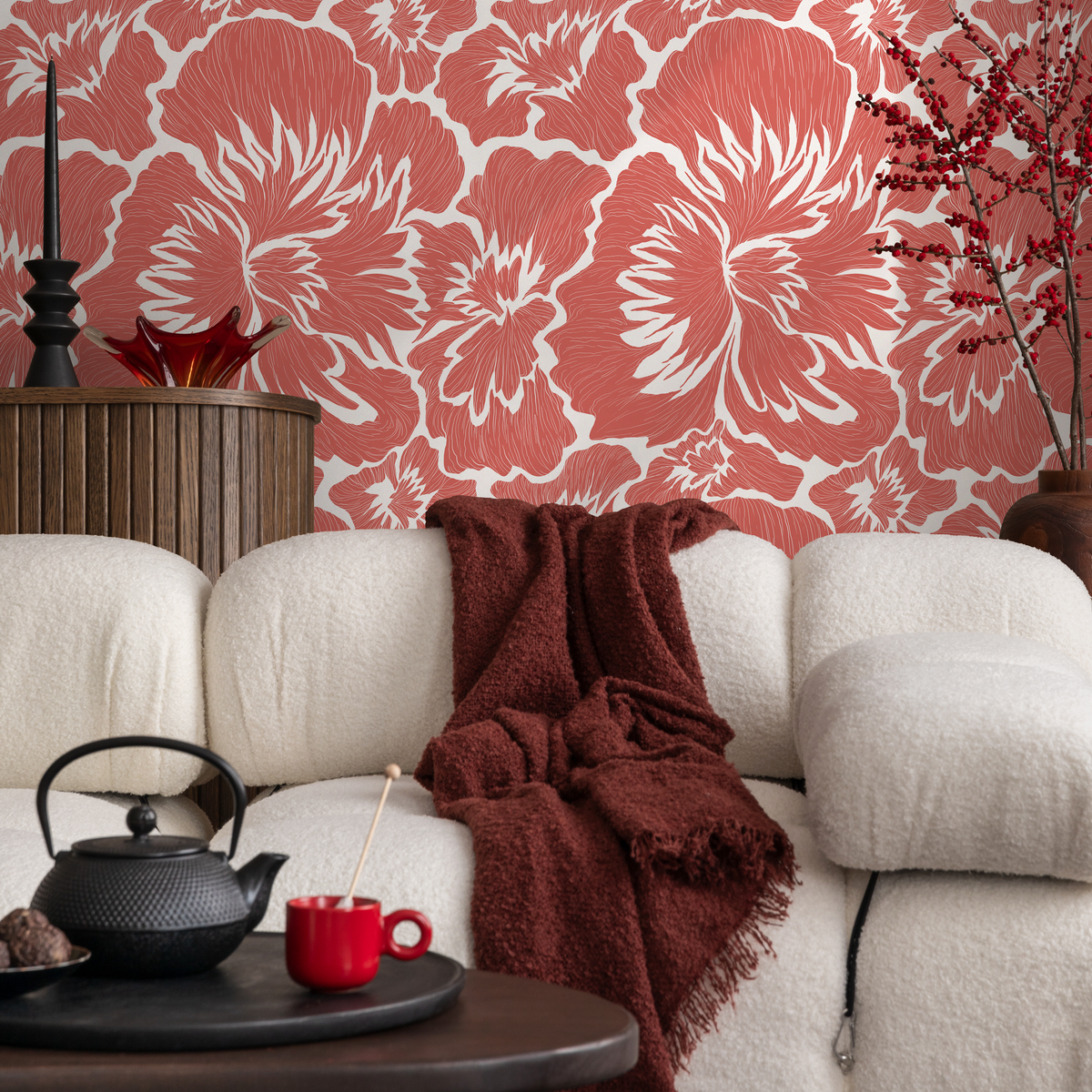 Floral Wallpaper with a Bold Hibiscus Motif in Coral - detail view