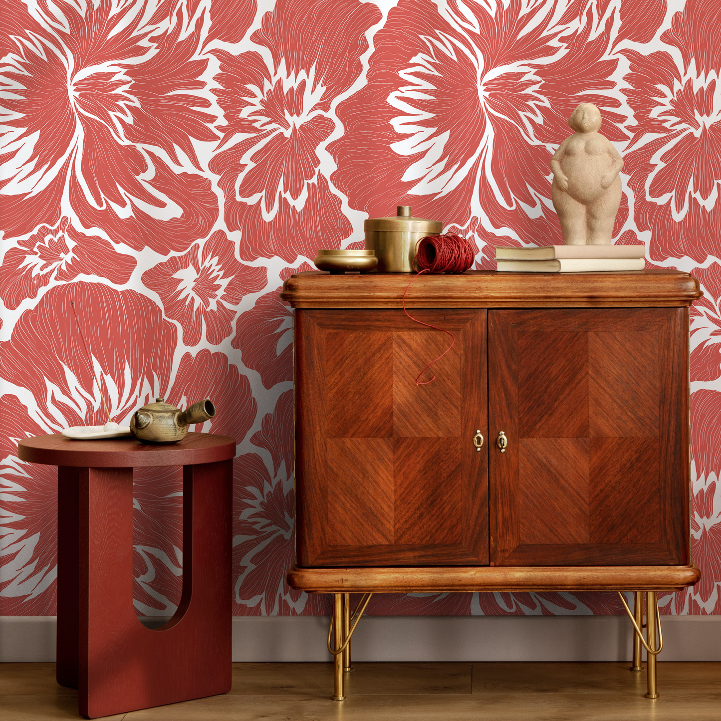 Coral Bold Floral Wallpaper / Peel and Stick Wallpaper Removable Wallpaper Home Decor Wall Art Wall Decor Room Decor - C678