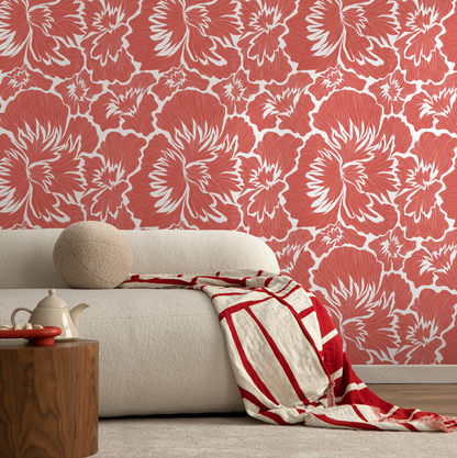 Coral Bold Floral Wallpaper / Peel and Stick Wallpaper Removable Wallpaper Home Decor Wall Art Wall Decor Room Decor - C678