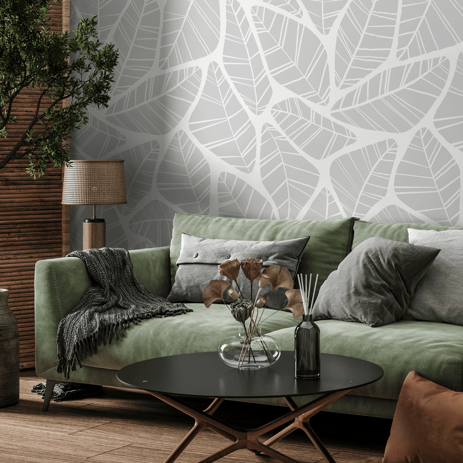 Papel pintado minimalista de hojas grises / Papel pintado autoadhesivo / Papel pintado extraíble / Decoración del hogar / Arte de pared / Decoración de habitaciones - C679