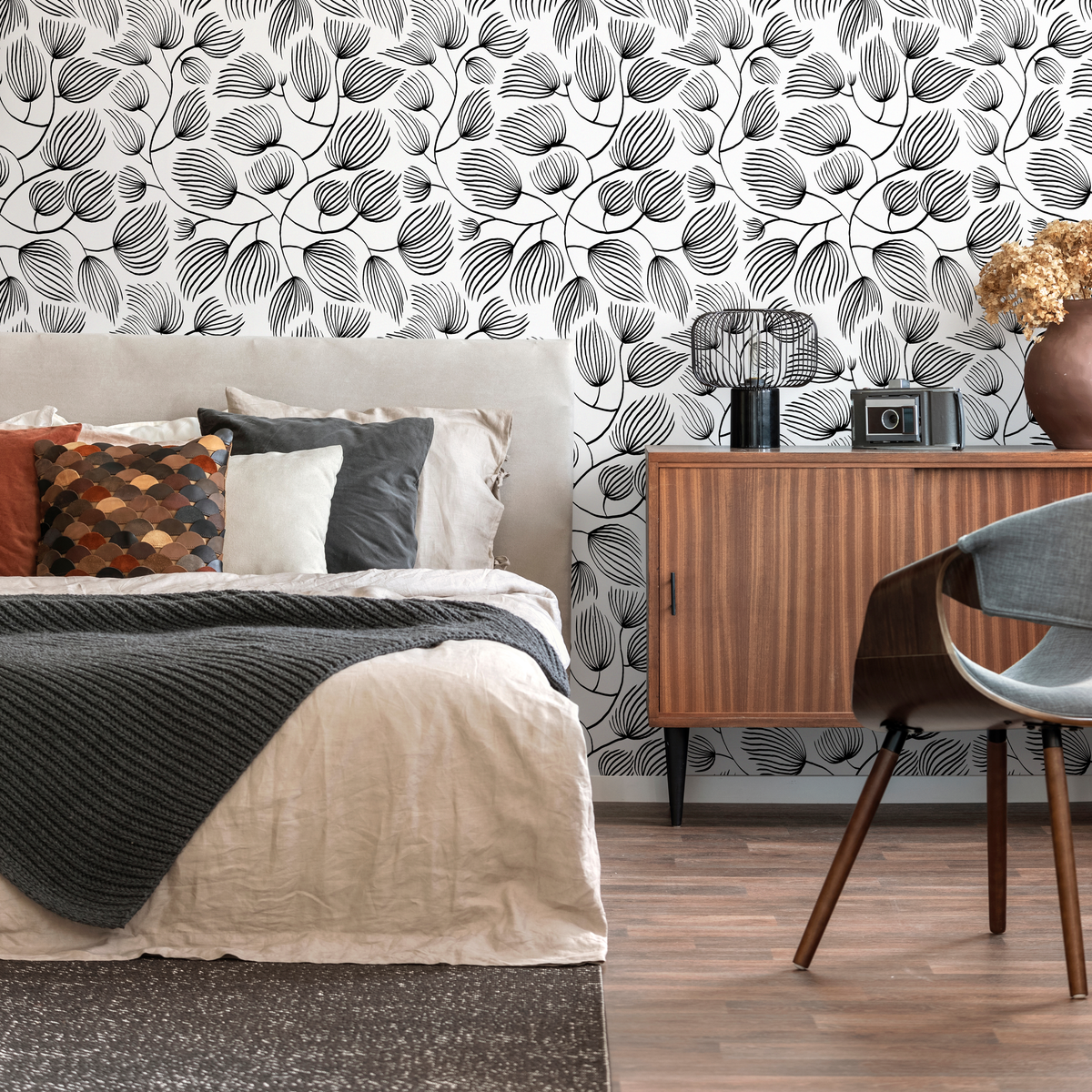 Botanical Wallpaper with a Flowing Line Art Leaf Motif in Black and White - detail view