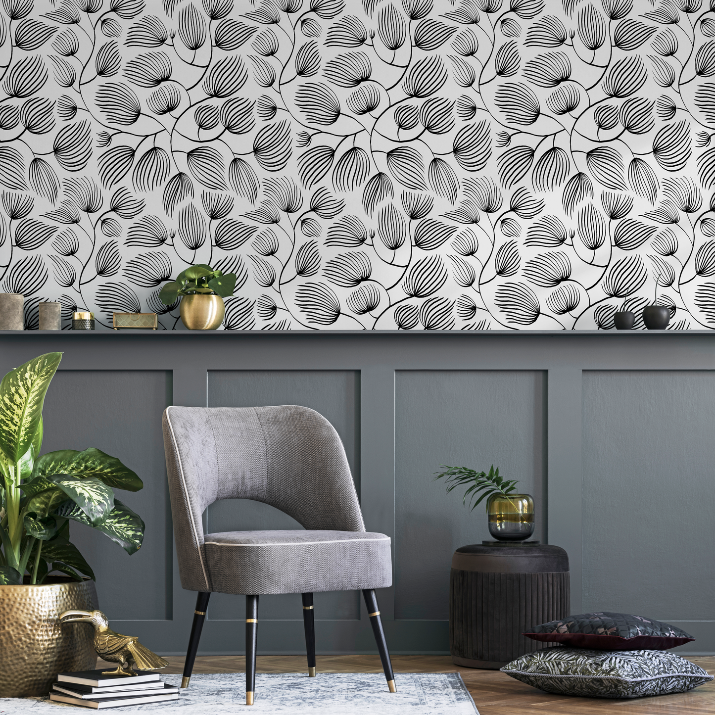 Black and White Leaves Wallpaper / Peel and Stick Wallpaper Removable Wallpaper Home Decor Wall Art Wall Decor Room Decor - C680