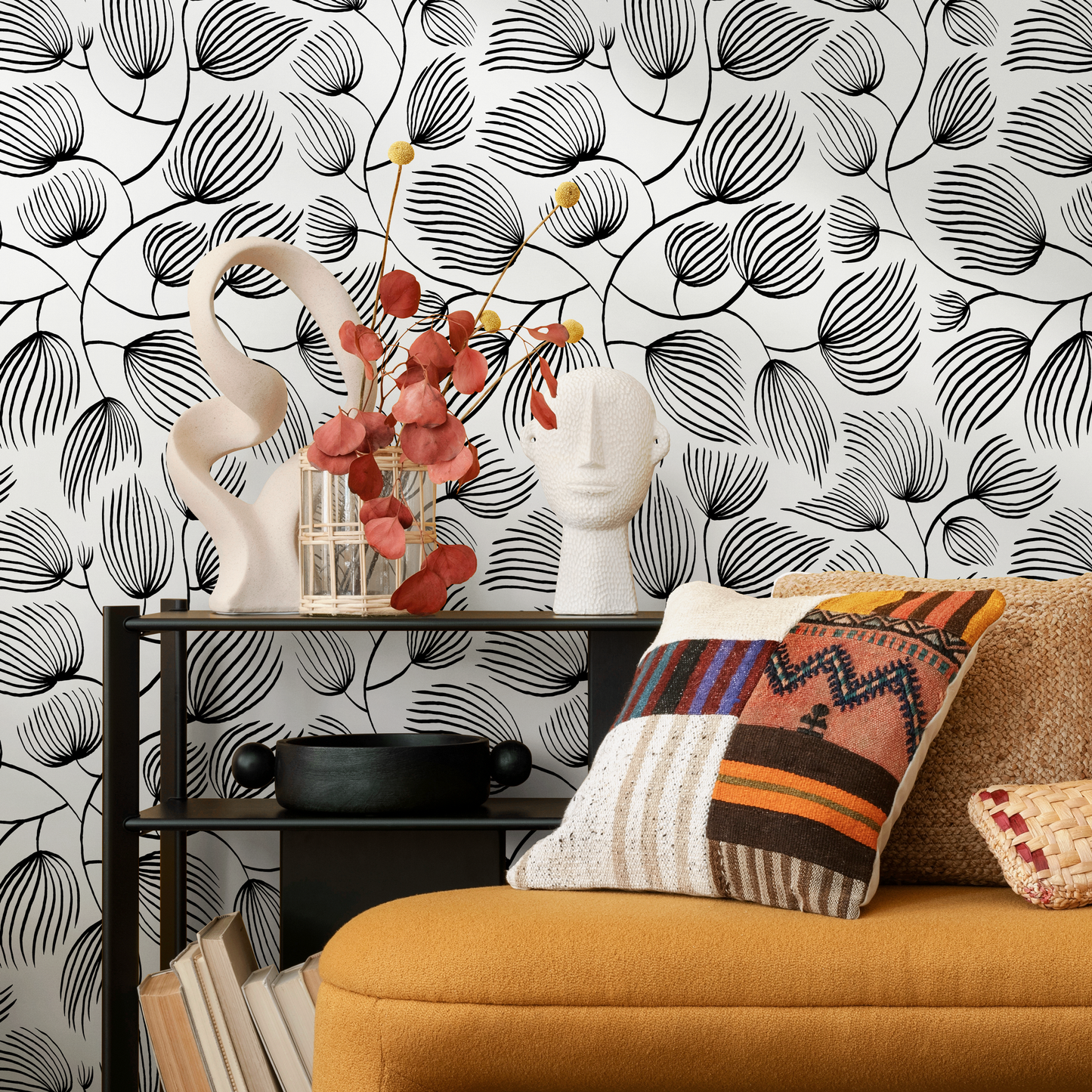 Black and White Leaves Wallpaper / Peel and Stick Wallpaper Removable Wallpaper Home Decor Wall Art Wall Decor Room Decor - C680