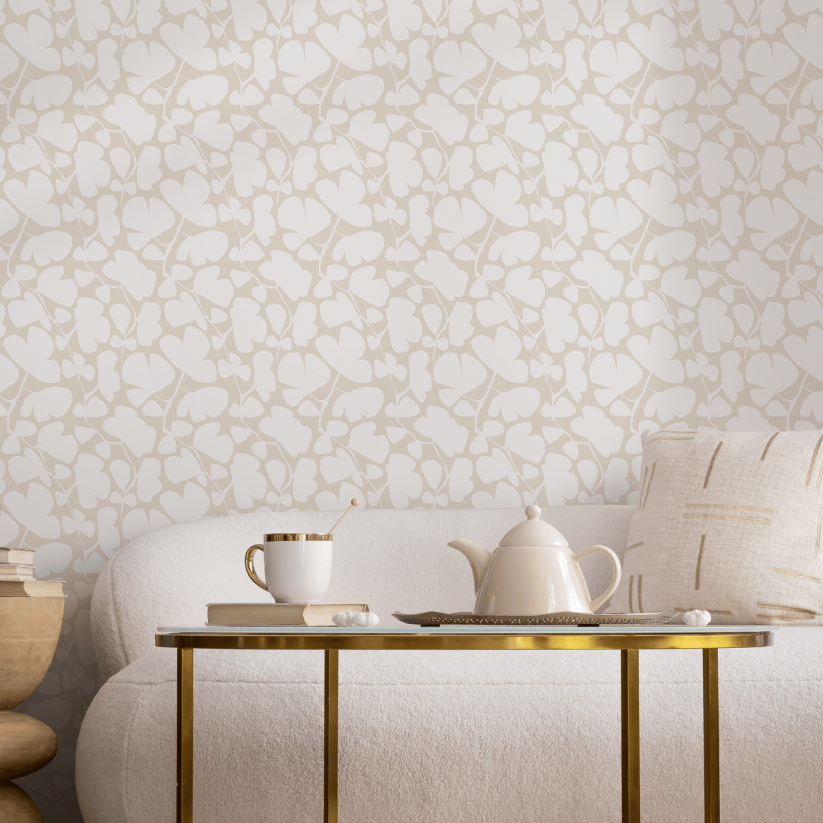Botanical Wallpaper with a Stylized Leaf Motif in Beige and White - detail view