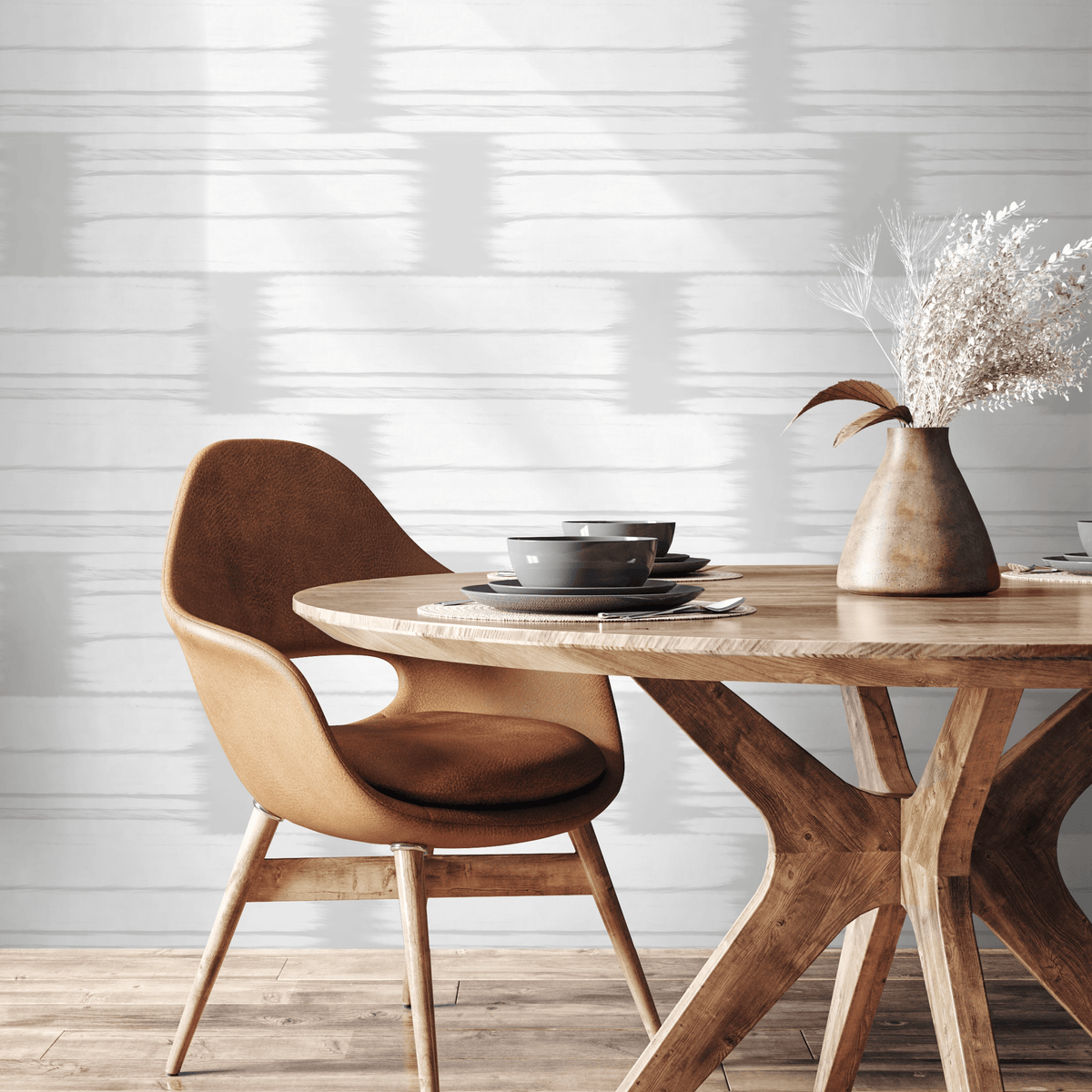 Abstract Wallpaper with Horizontal Brush Strokes in Light Gray - detail view