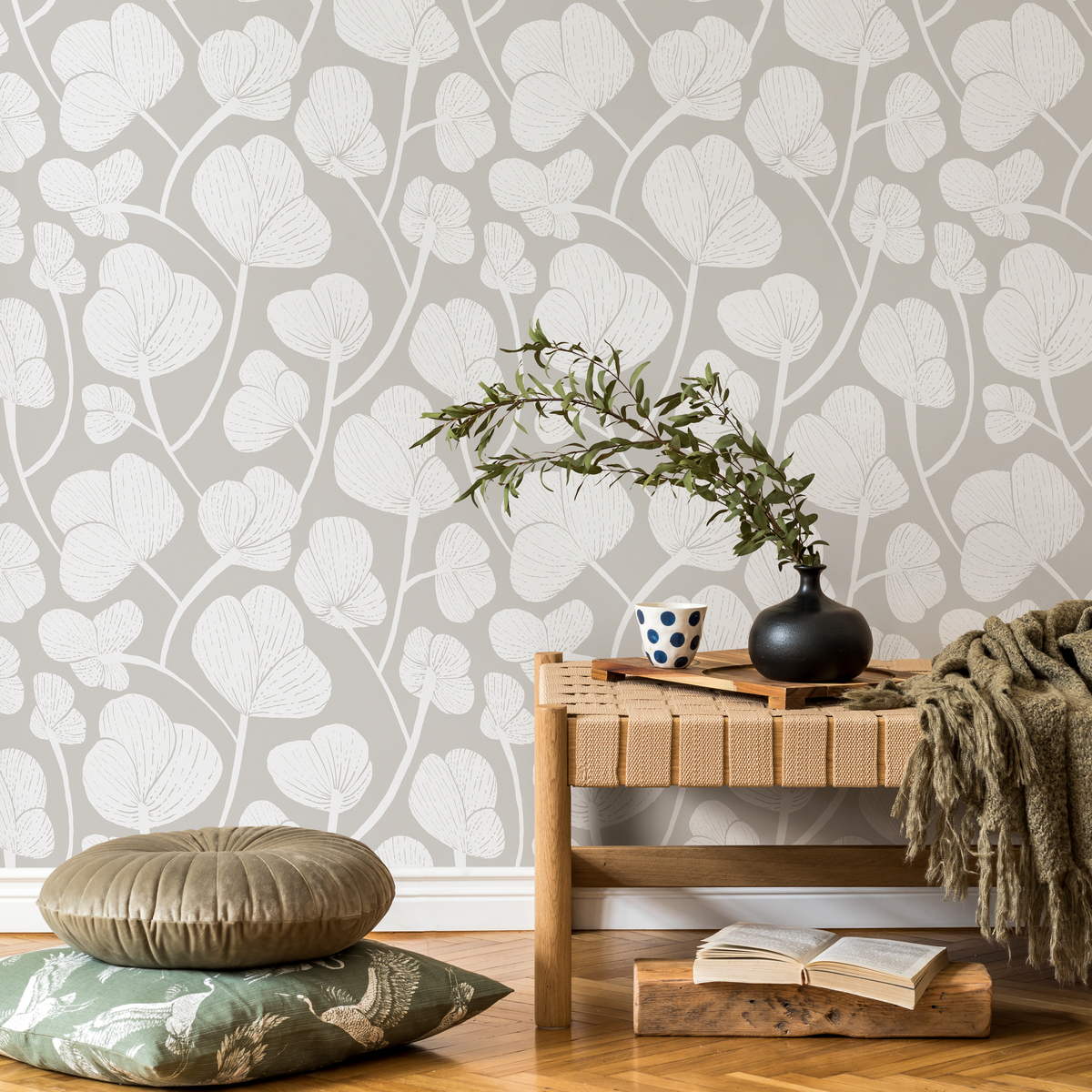 Floral Wallpaper with a Stylized Motif in Greige and Off-White - detail view
