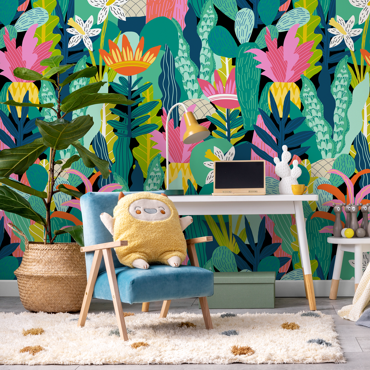 Botanical Wallpaper with a Stylized Jungle Motif in Pink, Green, and Orange - detail view