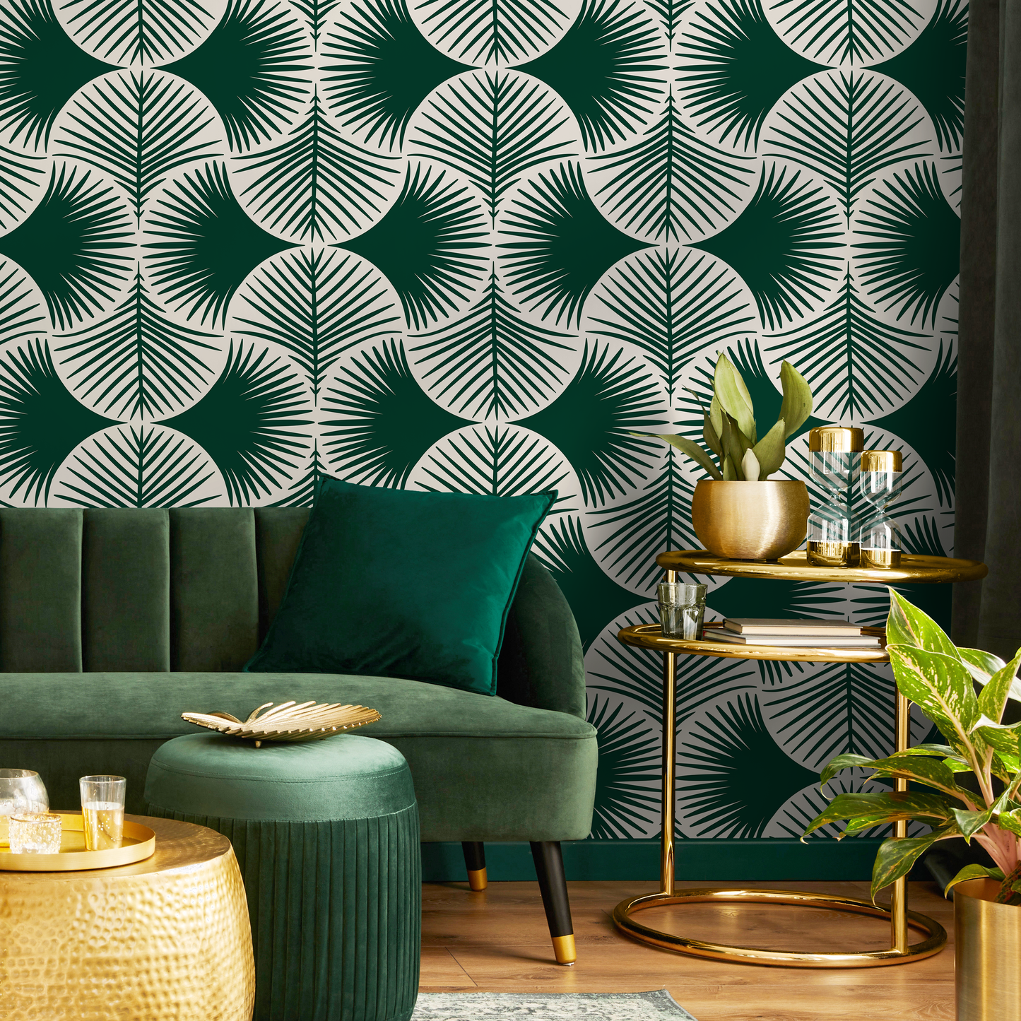 Green Modern Palms Wallpaper / Peel and Stick Wallpaper Removable Wallpaper Home Decor Wall Art Wall Decor Room Decor - C688