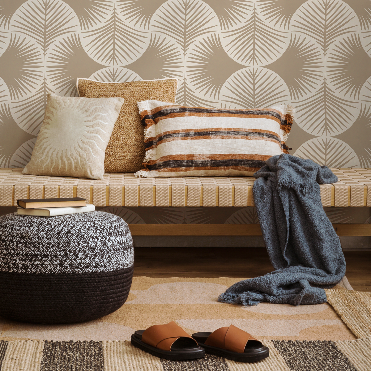 Geometric Wallpaper Featuring Stylized Palm Fans in Beige and Off-White - detail view
