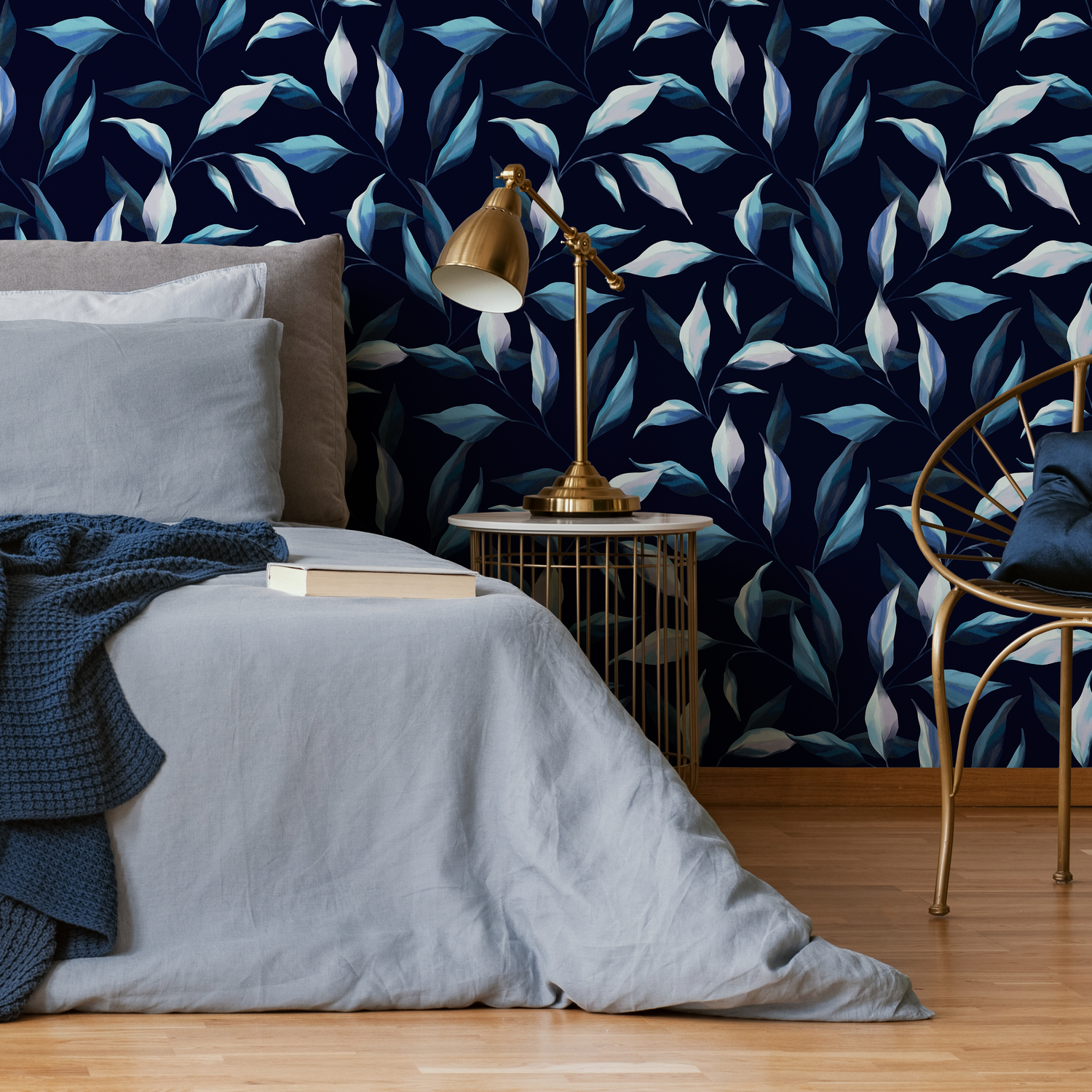 Navy Fern Leaves Wallpaper / Peel and Stick Wallpaper Removable Wallpaper Home Decor Wall Art Wall Decor Room Decor - C690