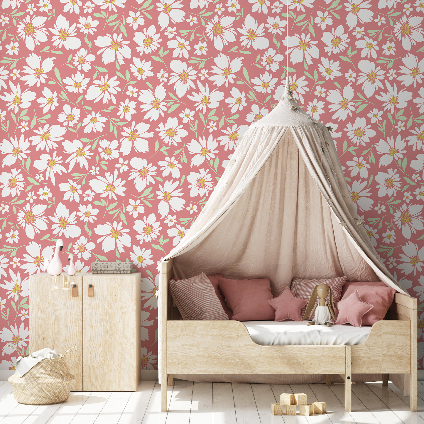 Pink Floral Daisies Wallpaper / Peel and Stick Wallpaper Removable Wallpaper Home Decor Wall Art Wall Decor Room Decor - C691